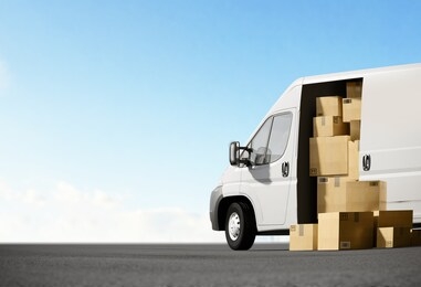 delivery order service company transportation box business background with white van truck. 3d rendering.