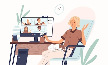 young woman having videoconference with colleagues. corporate video call, distant discussion. friends talking online. concept of teamwork during quarantine. vector illustration in flat cartoon style