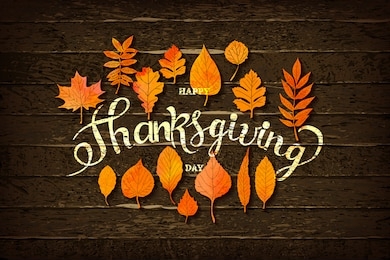 happy thanksgiving holiday banner with congratulation text on frame. autumn tree leaves border on wooden background. autumnal design for fall season greeting card, paper cut style, vector illustration