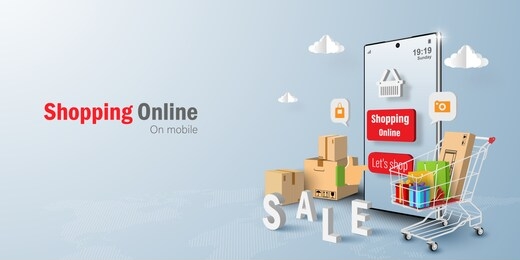 digital marketing concept, shopping online on mobile application, web banner background with copy space