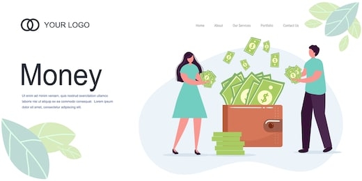 landing page girl man, woman hold money, dollars, wallet lot of money. savings, investing money. finance, investment. for jar making saving, deposit web page banner. cartoon flat vector illustration