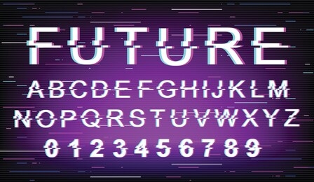 future glitch font template. retro futuristic style vector alphabet set on purple background. capital letters, numbers and symbols. modern digital typeface design with distortion effect
