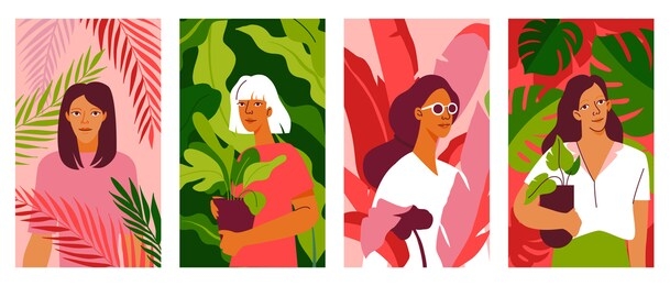vector illustration in flat  simple style - women and plants - abstract vertical banners with green leaves and female characters for stories and social media posts - concept for beauty and cosmetics