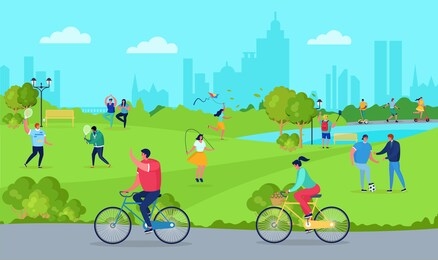 people in park, free time vector illustration. people character having active rest at nature. man and woman weekend outside by lake landscape, yoga, badminton, cycling, play football and fly kite.