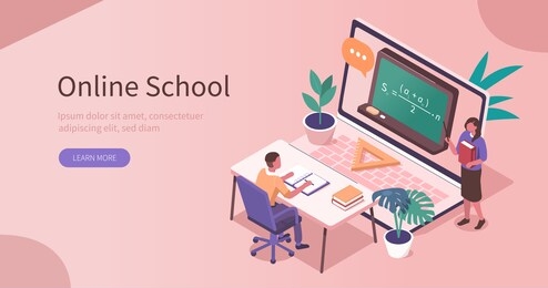 student learning online at home. character sitting at desk, looking at laptop and studying with exercise books. teacher help him. online education concept. flat isometric vector  illustration.