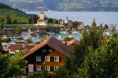 spiez castle on the lake thun, switzerland