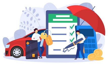 car leasing and purchase concept, man signing deal, vector illustration. people buying car, cartoon characters. bank loan agreement, property insurance, agent selling vehicle to customer