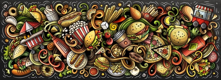 fastfood hand drawn cartoon doodles illustration. fast food funny objects and elements poster design. creative art background. colorful vector banner