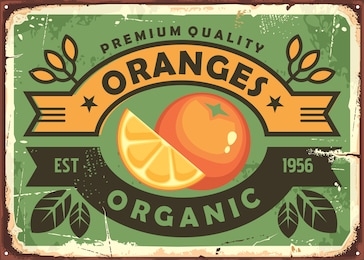 oranges vintage sign. organic fruit farm poster template with slice of orange, leaves and ribbons. vector nostalgic banner.