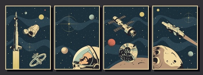 aerospace, spacecraft poster template set, space ships, rockets, orbital station, astronaut, planets, asteroid, stars background