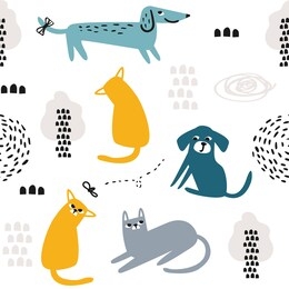 cat and dog seamles pattern. kids textile vector design. animals playing in nature. hand drawn illustration with cute cartoon, doodle pets.