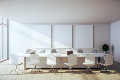 contemporary conference interior with laptop and three blank banner on concrete wall with city view. workplace and corporate concept. 3d rendering