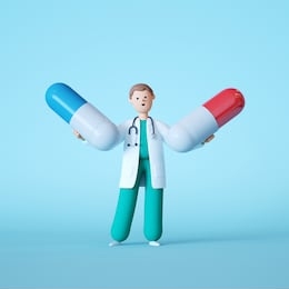 3d render. cure choice. doctor or pharmacist cartoon character holding two big pills. medical healthcare illustration. pharmaceutical clip art isolated on light blue background.