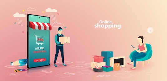 online shopping on website e-commerce or mobile phone applications vector concepts and digital marketing. the woman is shopping on mobile phone and the man delivering.