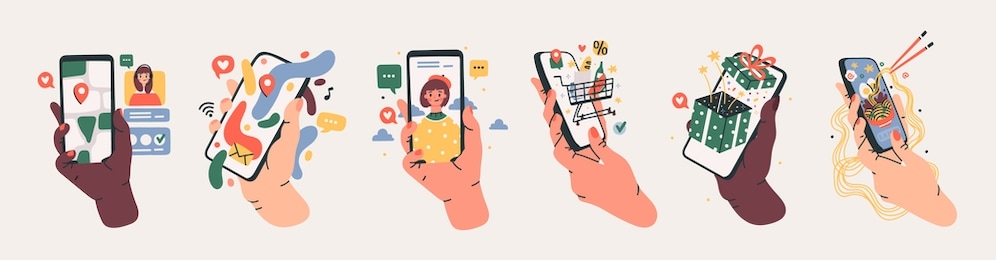 set of hands holding smartphones with various images. communication, social networking concept. stylized hand drawn vector illustration for mobile application or web sites and banner design