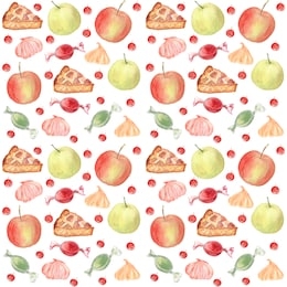 summer fresh seamless pattern of sweets and fruits: apple pie slice, green and red apples, meringues, candies and currants. seamless pattern on a white background, all objects are watercolor drawings.