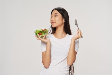 cheerful woman salad eating healthy vegan lifestyle food