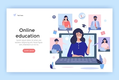 online education concept illustration. smiling people using  headphones  for a video call. perfect for web design, banner, mobile app, landing page, vector flat design.