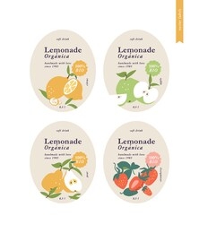 vector illustration set template labels for packaging lemonade. different tastes- citrus, pear, apple and strawberry