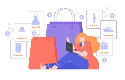 shopping online. girl with a laptop next to a giant paper bags. the customer selects the goods to order. e-commerce. flat vector illustration.