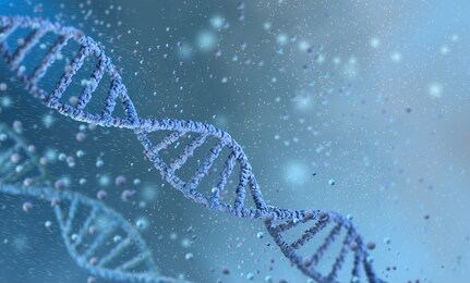 chain, dna code on a blue background, medical background, innovation concept, 3d rendering