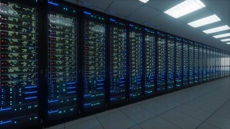 modern interior server room data center. connection and cyber network in dark servers. backup, mining, hosting, mainframe, farm, cloud and computer rack with storage information. 3d rendering