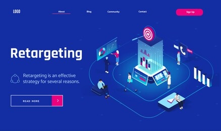 retargeting or remarketing concept in isometric design. landing page header or banner. business methodology that attracts customers by creating valuable content and analysis. flat vector illustration