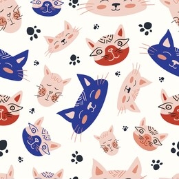 vector seamless pattern design. cute and funny cats isolated on the white background. trendy animals in caps and glasses. creative childish pink texture. great for fabric, textile.
