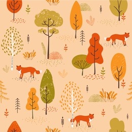 seamless pattern cute fox with autumn forest.vector illustration of an abstract background of a forest landscape.