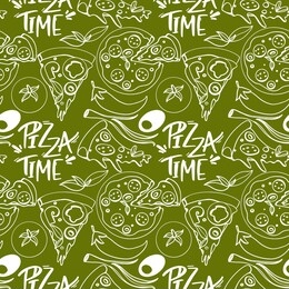 pizza seamless doodle sketch pattren on a green background. print for banners, wrapping paper, posters, cards, invitations, fabrics, cafes, menus, restaurants, web design.