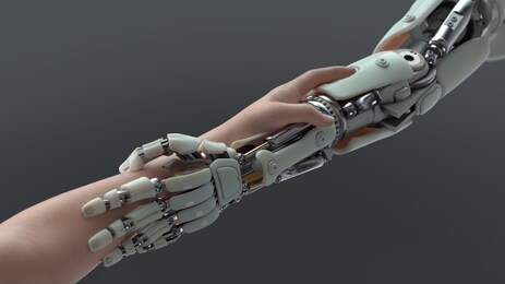 holding hands of a robot and human, 3d illustration