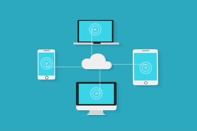 cloud storage, data transfers on internet from smartphone to tablet and computers, digital gadgets isolated on blue background. eps 10 vector illustration, flat style, minimalistic design
