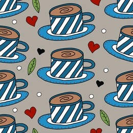 coffee. cups with coffee, hearts and leaves on gray background. vector seamless pattern. cartoon style. cute design for banners, posters, cards, fabric, textile, prints, packaging, scrapbooking.