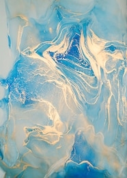 luxury abstract fluid art painting in alcohol ink technique, mixture of blue and gold paints.  imitation of marble stone cut, glowing golden veins. tender and dreamy design. 