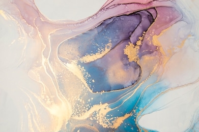 luxury abstract fluid art painting in alcohol ink technique, mixture of blue and purple paints.  imitation of marble stone cut, glowing golden veins. tender and dreamy design. 