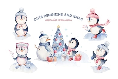 watercolor merry christmas character penguin illustration. winter cartoon isolated cute funny animal design card. snow holiday xmas penguins.