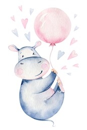 hand drawn cute isolated tropical summer watercolor hippo animals. hippopotamus baby and mother cartoon animal illustrations, jungle tree, brazil trendy design.