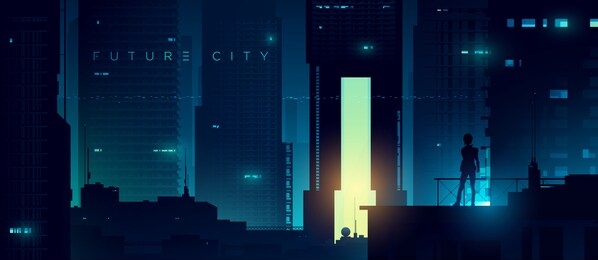 futuristic cyberpunk illustration. neon city background. woman on the background of the shining metropolis