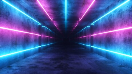 flying in an abstract blue and purple futuristic interior. corridor with neon luminous fluorescent lamps turned on. futuristic architecture background. concrete wall. 3d illustration