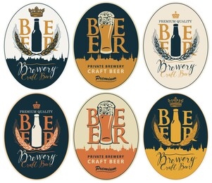 set of vector labels for craft beer and breweries in oval frames in retro style. labels with overflowing glasses of frothy beer, beer bottles, wheat ears, inscriptions and silhouettes of old cities
