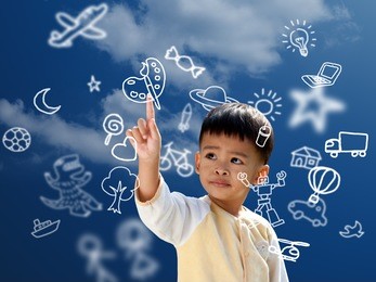 asian children press the flying imagine symbol 