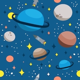seamless pattern with space, rockets,  planets and stars. childish background. hand drawn vector illustration.