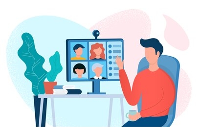 webinar, online meeting concept  illustration. home office, web conference with colleagues and friends.