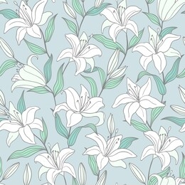 botanical seamless pattern with  hand drawn outline lily flowers on a light blue backgroond. for fashion prints, fabrics, wallpapers and covers