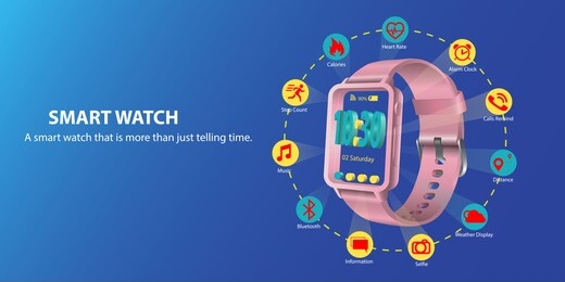 a smartwatch is a watch that is more than just telling time. along with various functions of smartwatch, vector, isolate on blue background. illustration.