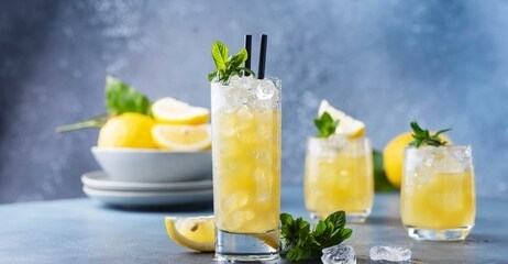 fresh summer cocktail with lemons, mint and ice, selective focus image and slider format