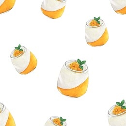 mango pudding watercolor seamless, background, pattern, mango dessert menu