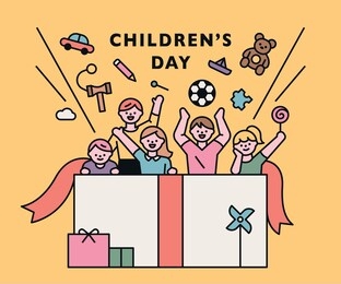 happy children's day. children and toys pop out of the huge gift box. flat design style minimal vector illustration.