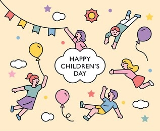 happy children's day. cute children are floating in the air. flat design style minimal vector illustration.
