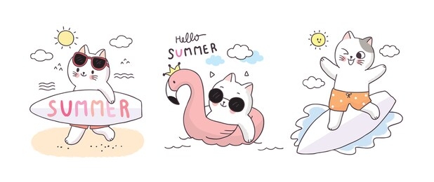 cartoon cute summer cats and surfing vector.